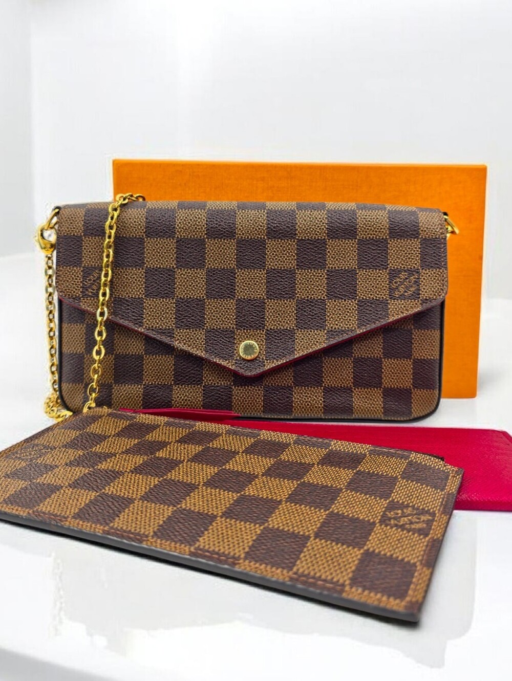 ✨️Authentic Louis Vuitton Pochette Felicie Damier Ebene Crossbody Bag Gold Chain